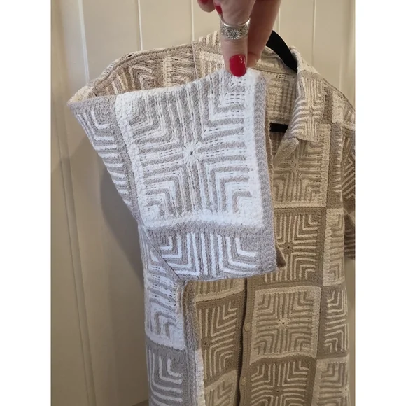 Abercrombie Crochet Knit Shirt Gray Cream Geo Button Up Coastal Size S Quiet Lux - Picture 5 of 7